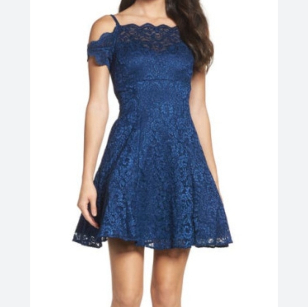 Morgan & Co Holiday Party Dress Unconventional Lace Glitter Fit & Flare Blue 10